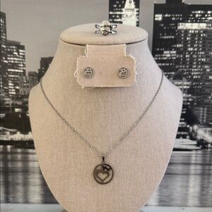 Stainless Steel Silver Heart Pendant Necklace and Earrings Set